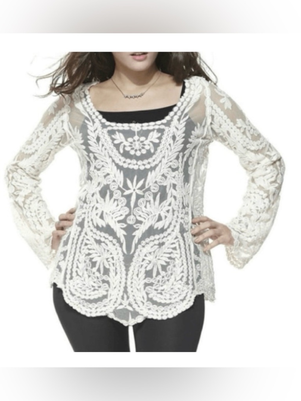 Simply Couture Beige Sheer Long Bell Sleeve Floral Embroidered Top Size S